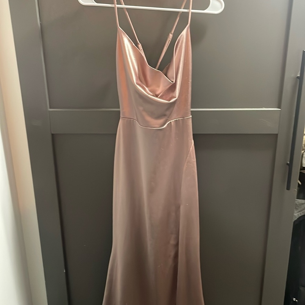 Rose gold lace, and satin formal dress
